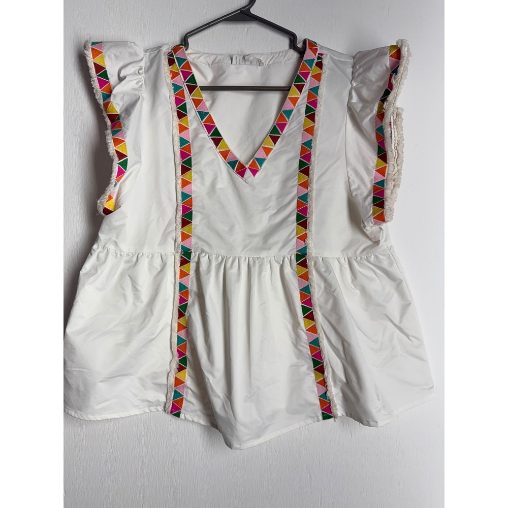 THML White Flutter Sleeve Peplum Top Embroidered V-Neck Boho Blouse Small - Picture 2 of 8